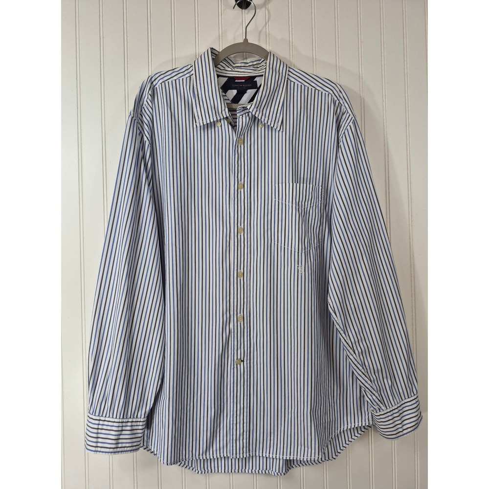 Tommy Hilfiger Mens XL Blue White Striped Cotton Long Sleeve Button Down Shirt